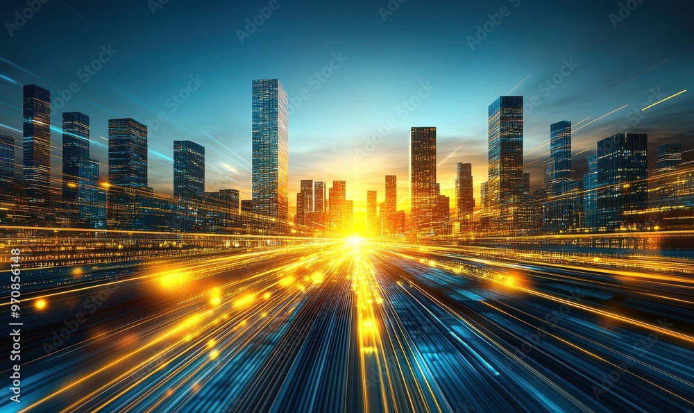 Futuristic city with glowing skyscrapers, light trails, and a vibrant horizon at sunset Futuristic city with glowing skyscrapers, light trails, and a vibrant horizon at sunset