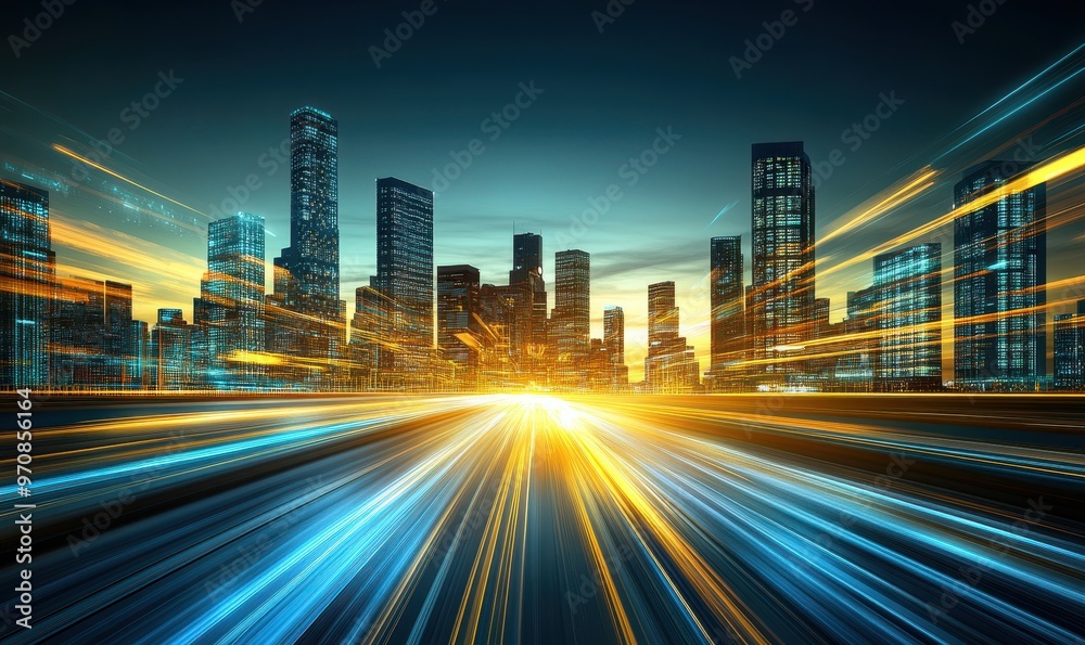 Naklejka premium Futuristic city with glowing skyscrapers, light trails, and a vibrant horizon at sunset