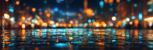 A night city where the light of lanterns creates glare on a wet road