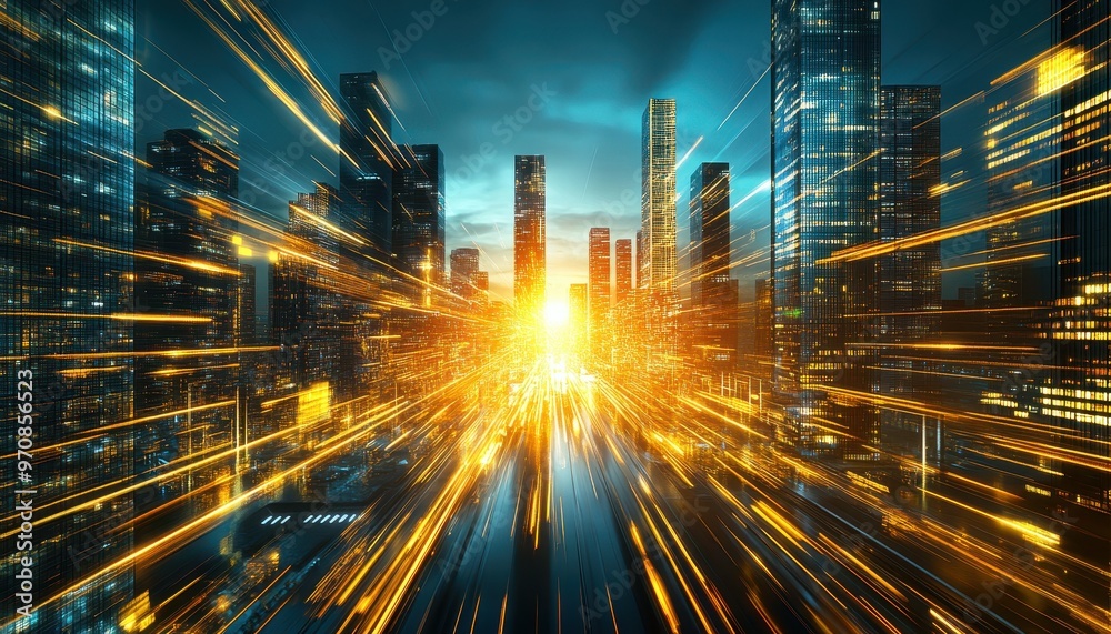Fototapeta premium Futuristic city with glowing skyscrapers, light trails, and a vibrant horizon at sunset