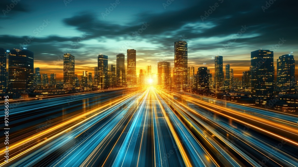 Obraz premium Futuristic city with glowing skyscrapers, light trails, and a vibrant horizon at sunset