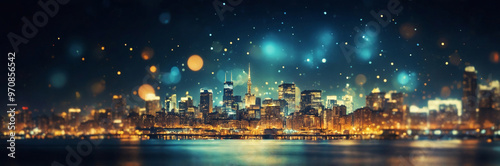 Panoramic view of the skyline of skyscrapers glowing in the dark and in the bokeh effect