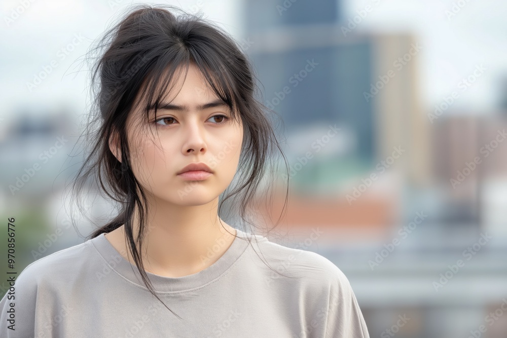 A close-up portrait of a young Asian woman wearing a casual t-shirt, with a blurred background. A close-up portrait of a young Asian woman wearing a casual t-shirt, with a blurred background.