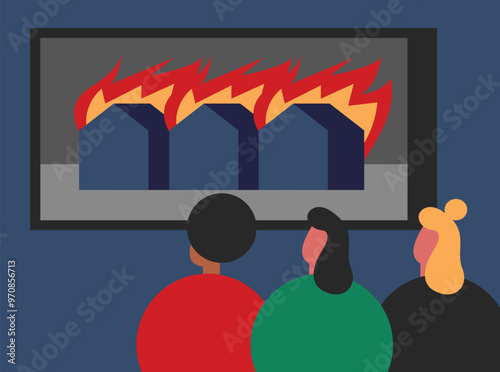 Burning house. Emergencies situations. Girls Puts out fire. Flat vector illustration.