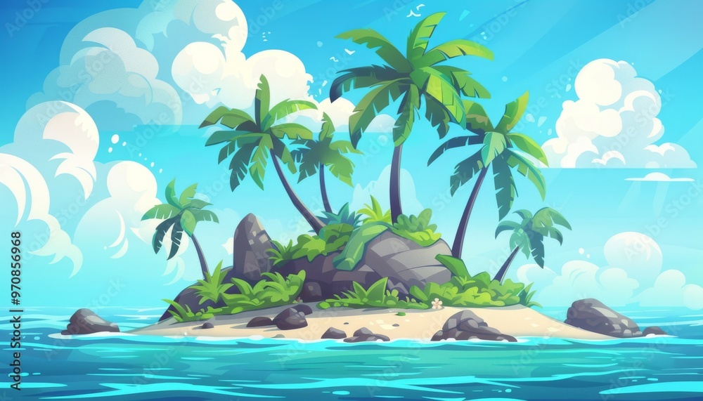 Rocky Beach Getaway Sunny Days Ahead. Palm Tree Beach Natures Serenity. Hidden Paradise. Island Adventure. Cartoon 2d game illustration background. Rocky Beach Getaway Sunny Days Ahead. Palm Tree Beach Natures Serenity. Hidden Paradise. Island Adventure. Cartoon 2d game illustration background.
