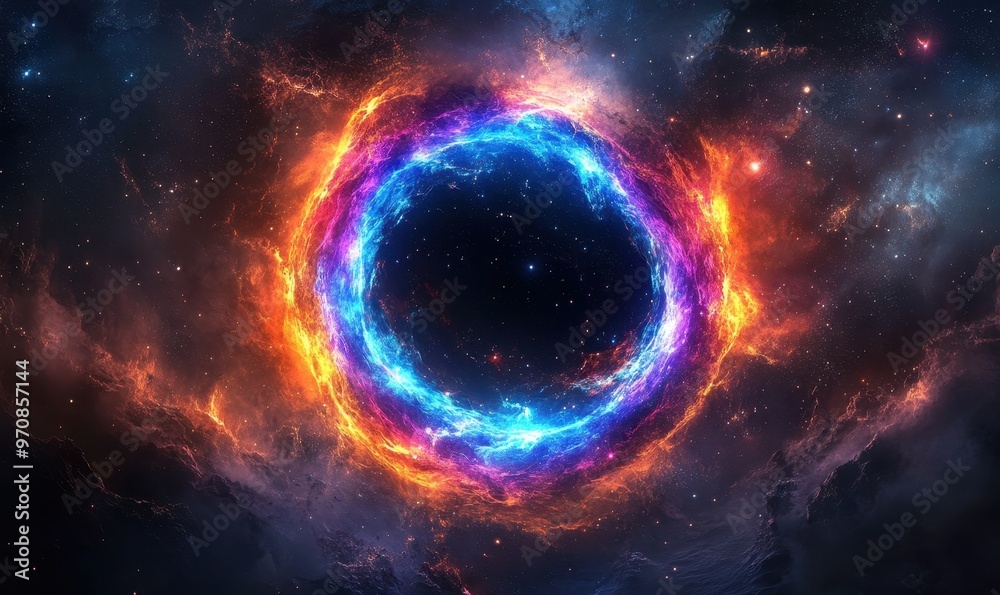 Fototapeta premium Swirling cosmic vortex with neon lights in space, glowing in blue, orange, and pink