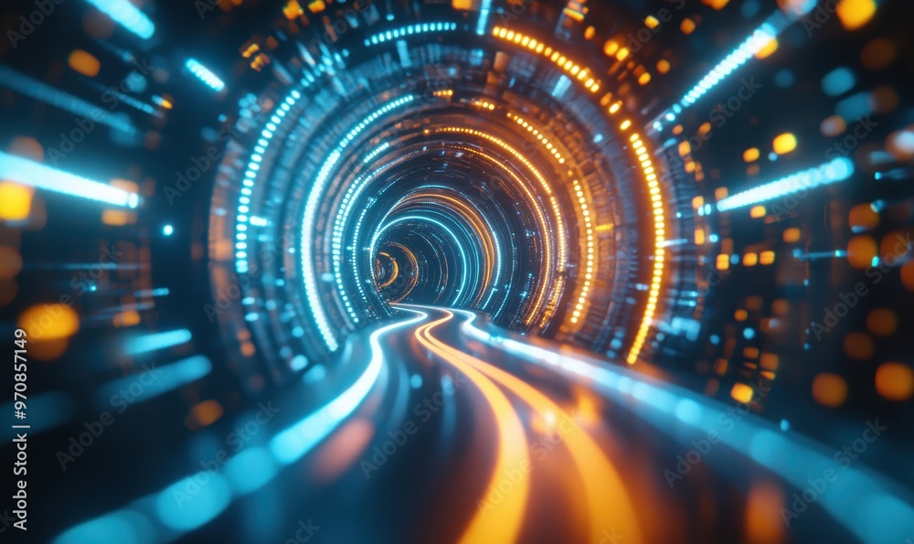Swirling cosmic vortex with neon lights in space, glowing in blue, orange, and pink Swirling cosmic vortex with neon lights in space, glowing in blue, orange, and pink