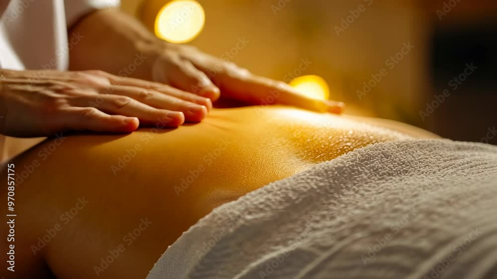 A soothing spa massage session captured in warm lighting. Close-up of therapist's hands on male back, providing comfort and relaxation. Ambiance is serene, promoting tranquility.