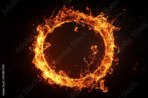 3D render of a circular ring of fire elements on a black background.