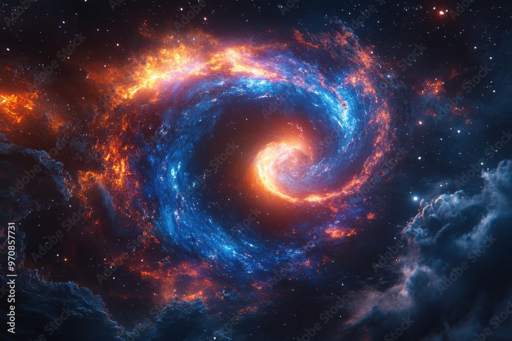 Swirling cosmic vortex with neon lights in space, glowing in blue, orange, and pink Swirling cosmic vortex with neon lights in space, glowing in blue, orange, and pink
