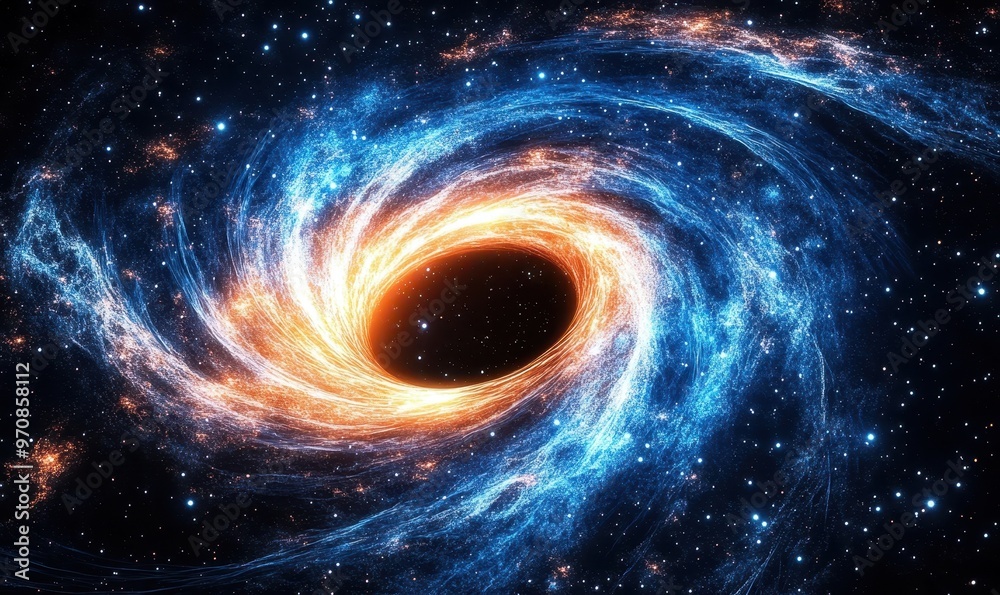 Swirling cosmic vortex with neon lights in space, glowing in blue, orange, and pink Swirling cosmic vortex with neon lights in space, glowing in blue, orange, and pink