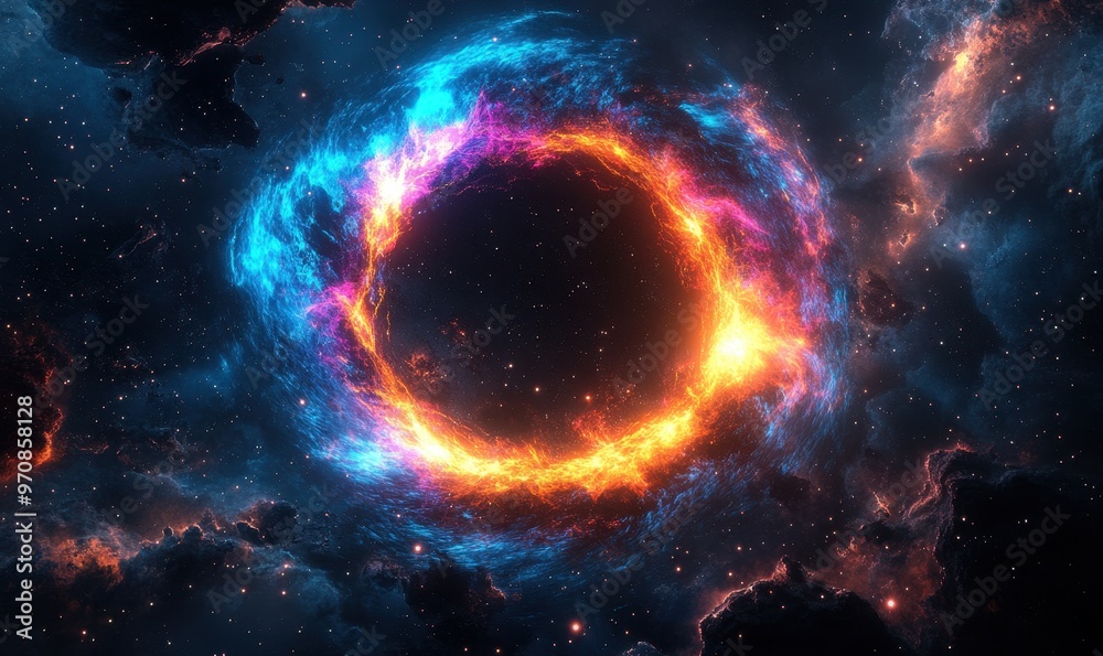 Swirling cosmic vortex with neon lights in space, glowing in blue, orange, and pink Swirling cosmic vortex with neon lights in space, glowing in blue, orange, and pink