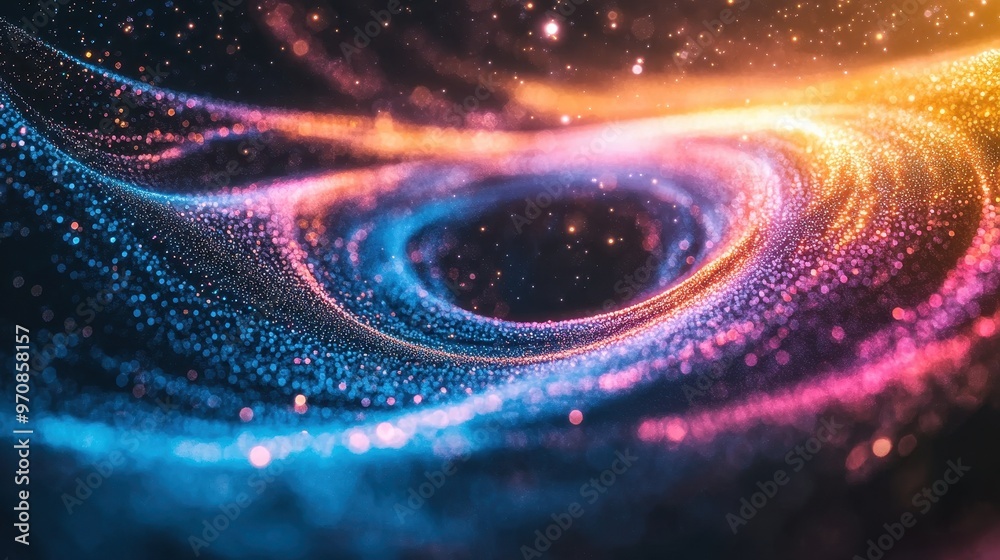 Swirling cosmic vortex with neon lights in space, glowing in blue, orange, and pink Swirling cosmic vortex with neon lights in space, glowing in blue, orange, and pink