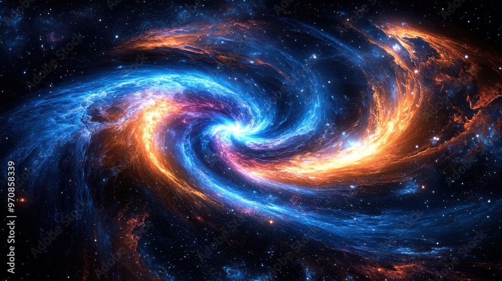 Swirling cosmic vortex with neon lights in space, glowing in blue, orange, and pink Swirling cosmic vortex with neon lights in space, glowing in blue, orange, and pink