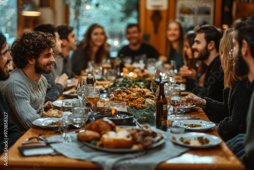 A group of friends gathers around a beautifully set table, sharing laughter and festive dishes during a Thanksgiving celebration filled with warmth and camaraderie. photo