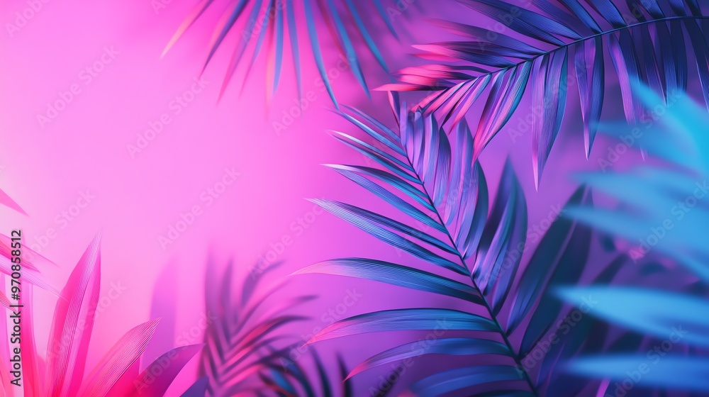 Tropical leaves illuminated in bright neon colors. Tropical leaves illuminated in bright neon colors.