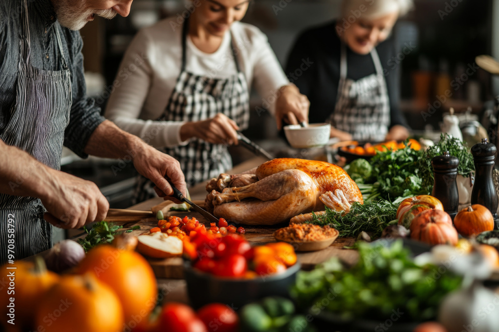 A family gathers in a cozy kitchen to prepare Thanksgiving dinner, focusing on a golden roasted turkey surrounded by fresh vegetables and joyful interactions. A family gathers in a cozy kitchen to prepare Thanksgiving dinner, focusing on a golden roasted turkey surrounded by fresh vegetables and joyful interactions.