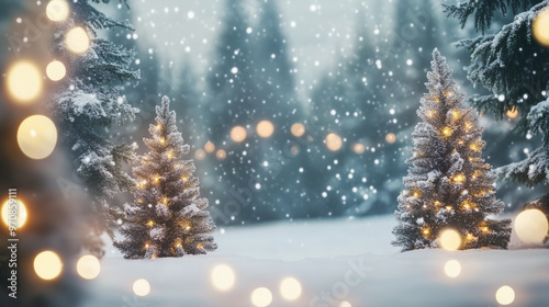 Christmas New Year background with snowy forest pine trees and holiday lights,  copy space for text photo