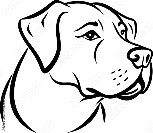 A black and white drawing of a dog with a black nose and black eyes