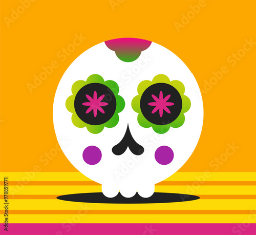 Picture for the holiday Dia de Los Muertos for the Day of the Dead. Scull on the table. Flat vector illustration.