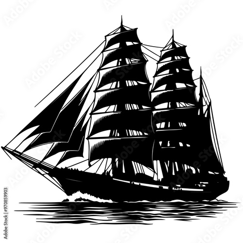 big sailboat ship vector silhouette on a white background