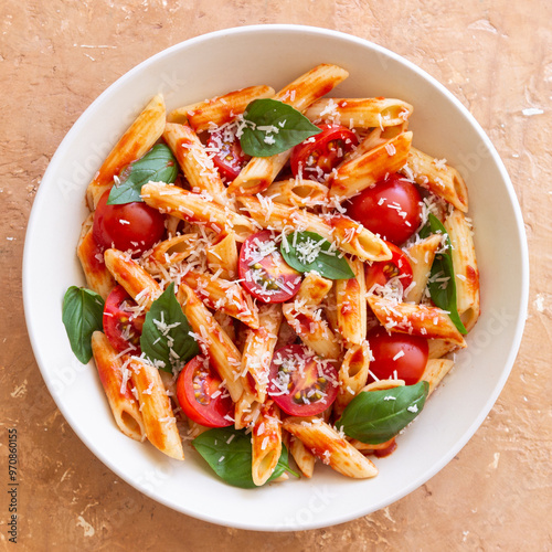 Pasta penne alla arrabiata with tomatoes, basil and parmesan cheese. Healthy Eating. Vegetarian Food. photo