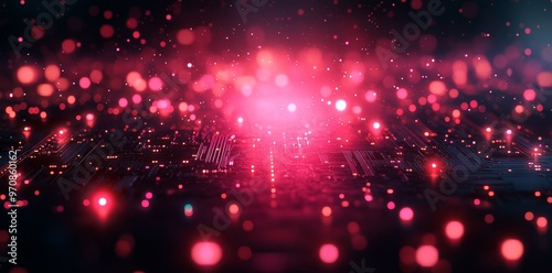 Circuit board. Dynamic red emitting light, representing high-speed data transfer and connectivity. Digital red Light.