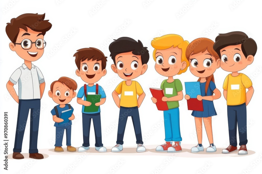 World Teachers Day. Professional holiday of all teachers, professor and education workers. Illustration with teacher and students in class. World Teachers Day. Professional holiday of all teachers, professor and education workers. Illustration with teacher and students in class.