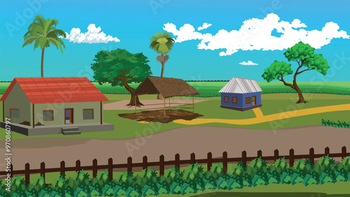 A small village with a red house and a blue house. The houses are surrounded by a fence and there is a road in the background. The scene is peaceful and serene