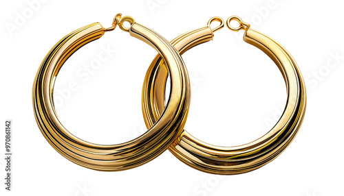 Mockup of elegant gold hoop earrings, realistic 3D rendering of luxury jewelry design, isolated on transparent background, PNG File