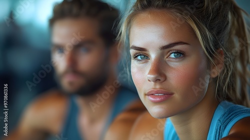 fit couple exercising on rowing machines at a fitness center. couple fitness goals, gym lifestyle and routine, teamwork and motivation in fitness