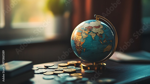 A globe sits on a wooden table surrounded by a scattering of coins.