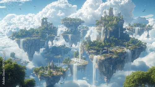 Fantasy Floating Islands With Waterfalls In Clouds