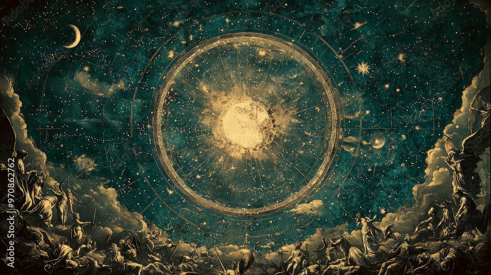 Naklejka premium Celestial Chart with Golden Stars and Angels