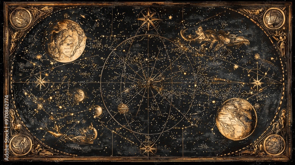 Naklejka premium Vintage Celestial Map with Constellations and Planets