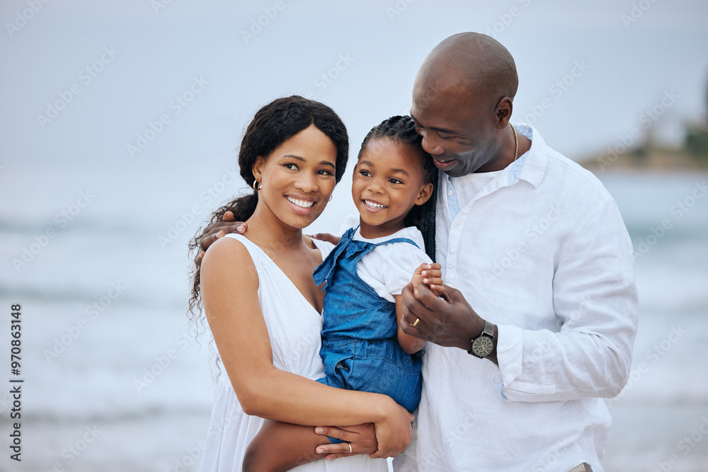 Black family, child and bonding with daughter on vacation or travel by ocean for fun, playful and together. Beach, people and holiday on weekend for adventure, freedom and nature in summer or outdoor Black family, child and bonding with daughter on vacation or travel by ocean for fun, playful and together. Beach, people and holiday on weekend for adventure, freedom and nature in summer or outdoor