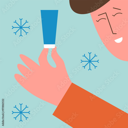 Man hands applying cream from tube. Using moisturizer in winter season. Hand cream for cold weather. Flat vector illustration.