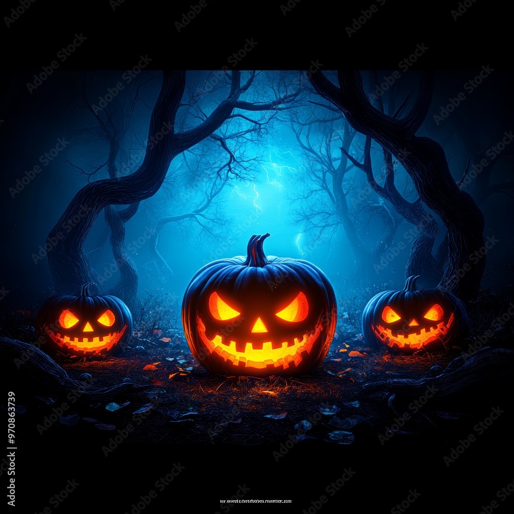 Glowing Jack o Lanterns in Dark Forest at Night Glowing Jack o Lanterns in Dark Forest at Night