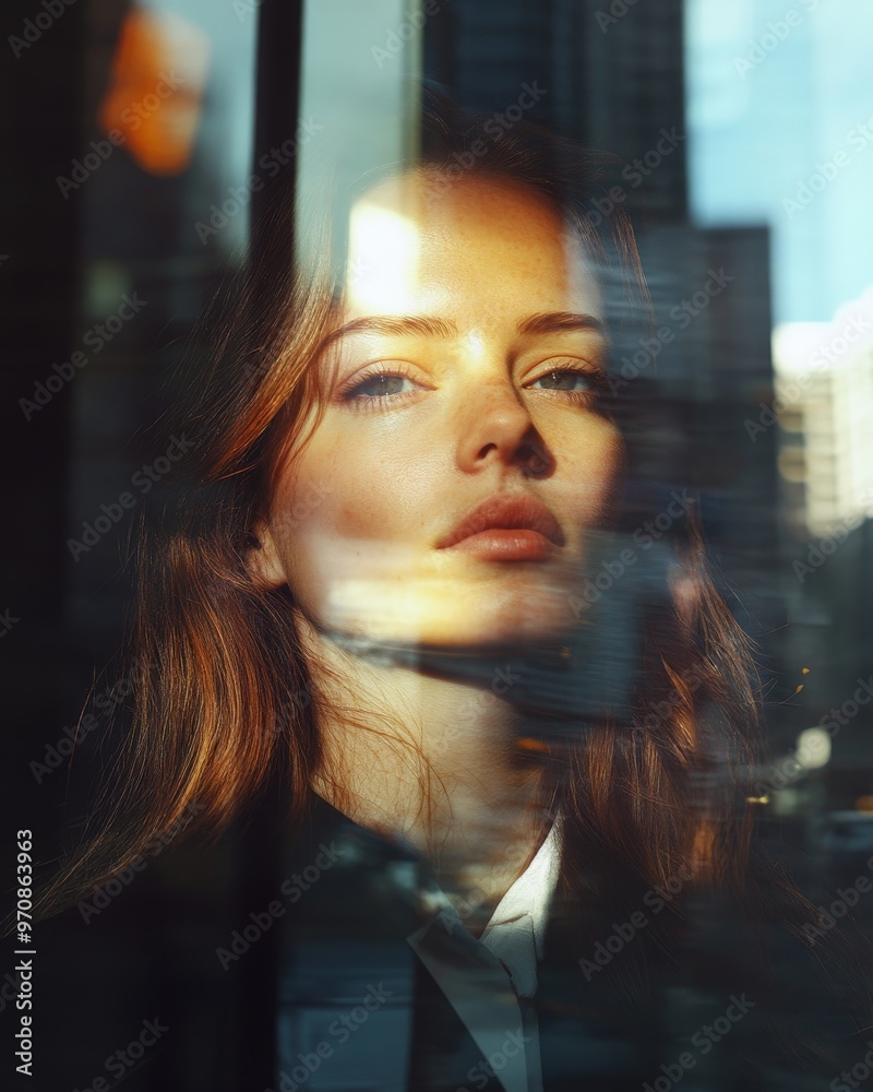 Fototapeta premium Reflective urban portrait of a woman in soft sunlight