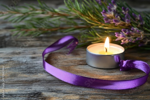A candle beside a purple ribbon on a table, symbolizing awareness of overdose issues and the importance of prevention.