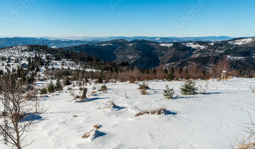 View above Bryzgalky settlement in winter Kysucke Beskydy mountains photo