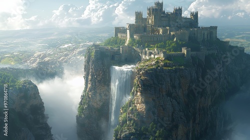 Majestic Castle on Cliff with Waterfall and Clouds
