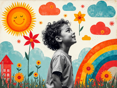 Child imagining colorful and positive world with illustrated elements