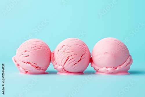 Three scoops of pink ice cream on a blue background