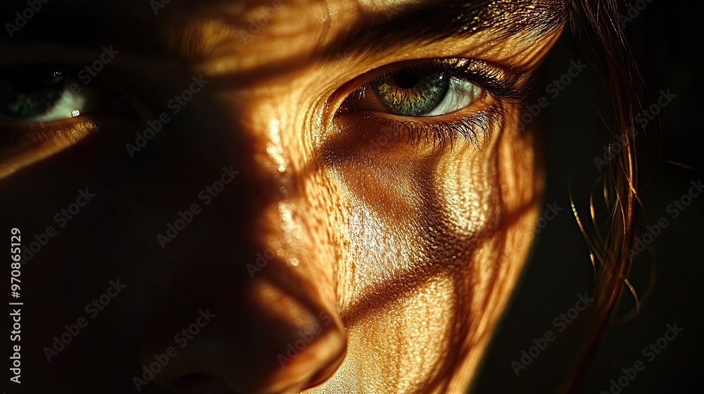 40. A close-up of a face illuminated by a single light source, the shadows and light creating a dramatic and intense portrait 40. A close-up of a face illuminated by a single light source, the shadows and light creating a dramatic and intense portrait