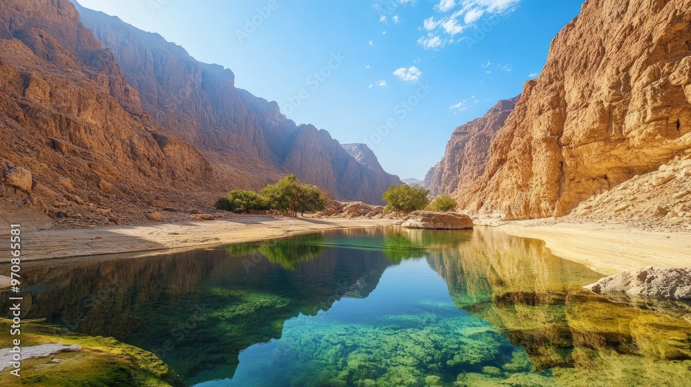 Fototapeta premium A serene oasis nestled between towering mountains, with crystal-clear turquoise waters reflecting the sky.