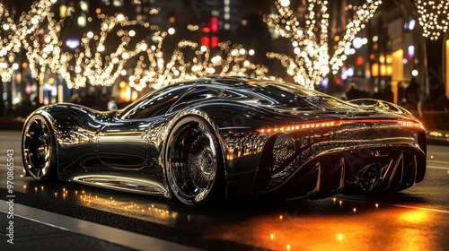 Black Luxury Sports Car at Night with Golden Lights