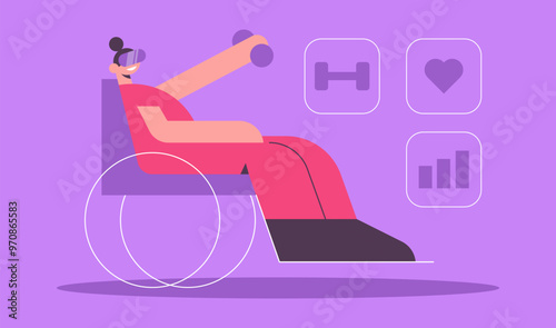 VR workout for people with disabilities. High intensity interval training, palates, aerobic steps, relaxation sessions in VR. Get a full body digital workout. Flat vector illustration.