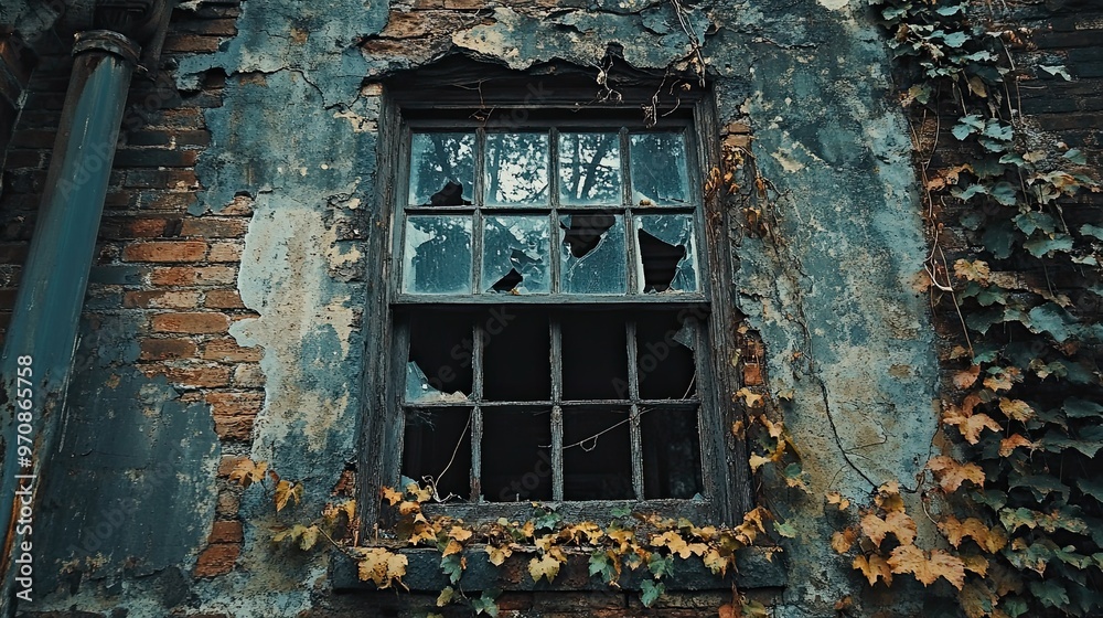 13. An abandoned building, the crumbling walls and broken windows ...