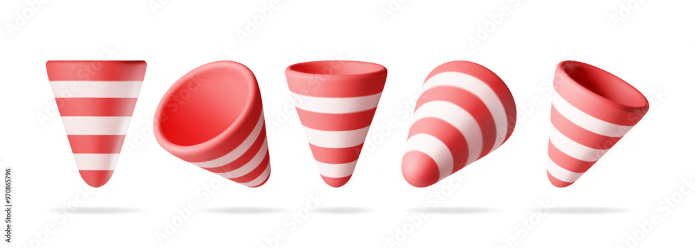 3D set of empty party popper isolated. Render collection of plasticine confetti popper. Colorful firecracker. Party holiday, surprise or birthday events. New year and christmas. Vector Illustration 3D set of empty party popper isolated. Render collection of plasticine confetti popper. Colorful firecracker. Party holiday, surprise or birthday events. New year and christmas. Vector Illustration